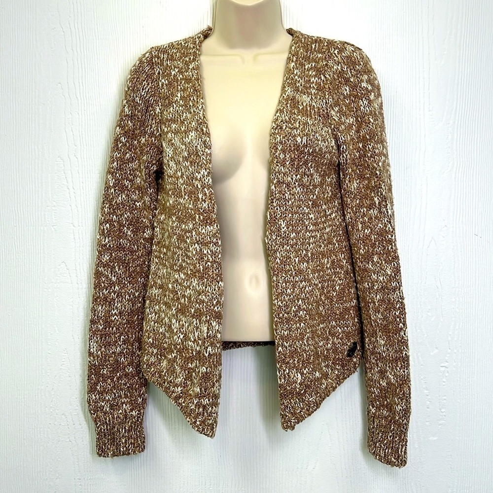 Harley Davidson - Brown Gold Beige Tweed Open Front Sweater Cardigan Size Small